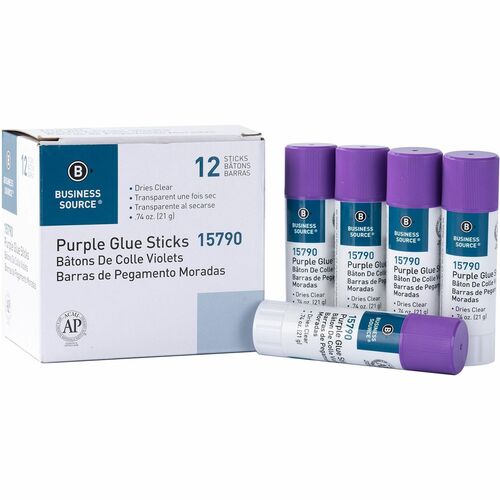 Business Source  Glue Stick, Bulk, Solid, Dries Clear, 0.74oz, 12/BX, Purple