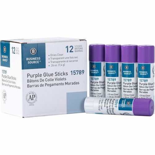 Business Source  Glue Stick, Bulk, Solid, Dries Clear, 0.26oz, 12/BX, Purple