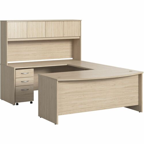 Bush Business Furniture  U-Desk,Bowfront,w/Hutch/BBF Ped,72"x101"x66",Natural Elm