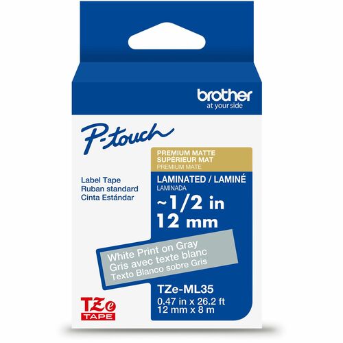 Brother  Label Tape,Laminate,f/P-touch,0.47"x26.2',WhiteonMatteGray