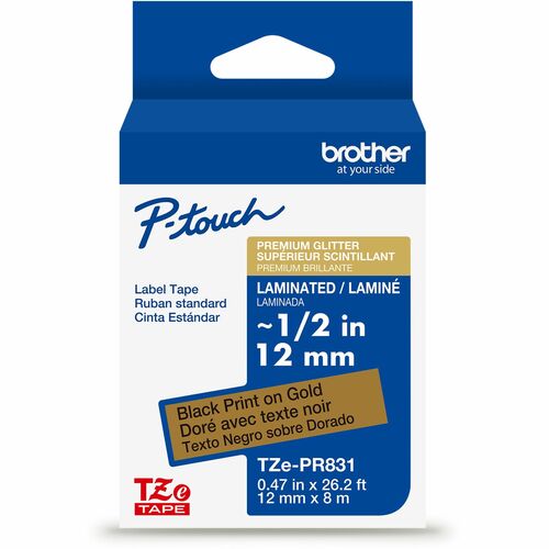 Brother  Label Tape,Laminate,f/P-touch,0.47"x26.2',BlackonGoldGlitter