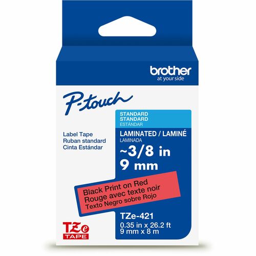 Brother  Label Tape,Laminated,f/P-touch,0.35"x26.2',BlackonRed