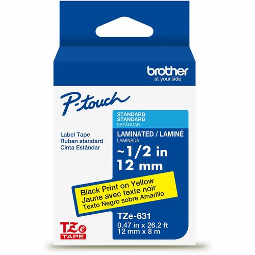 Brother  Label Tape,Laminated,f/P-touch,0.47"x26.2',BlackonYellow
