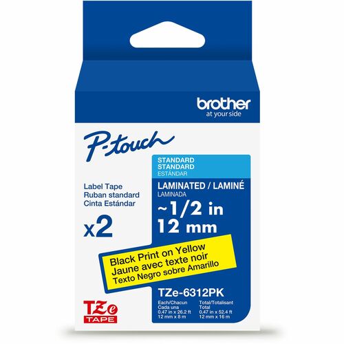 Brother  Label Tape,Lam,f/P-touch,0.47"x26.2',2/PK,BlackonYellow