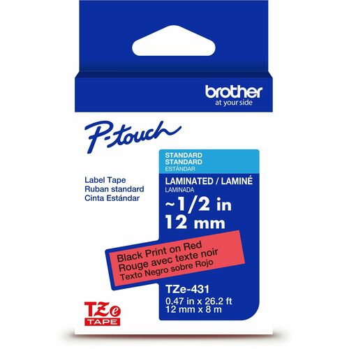 Brother  Label Tape,Laminated,f/P-touch,0.47"x26.2',BlackonRed