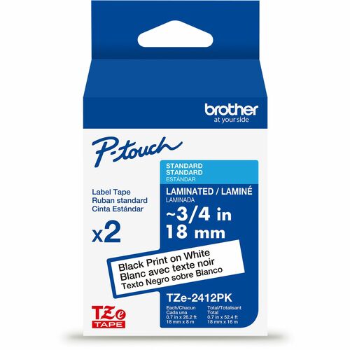 Brother  Label Tape,Lamin,f/P-touch,0.7"x26.2',2/PK,BlackonWhite