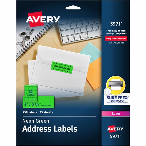 Avery  Address Labels, Laser, 1"x2-5/8", 750/PK, Neon Green