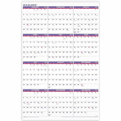 AT-A-GLANCE  Yearly Wall Calendar, 12 Mths Jan-Dec, 24"x36", BE/RD Ink
