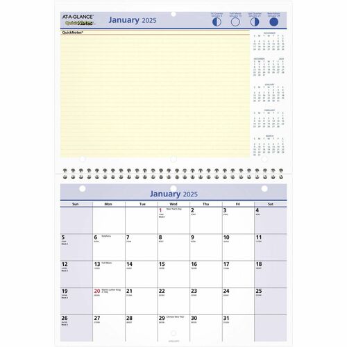 AT-A-GLANCE  Monthly Wall Calendar,w/Notes Sectn,12 Mths Jan-Dec, 11"x8"