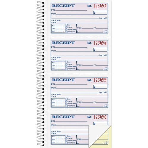 Adams  Money Receipt Book,Spiral,2-Part,5-1/4"x11",200 Sht,WE/CA