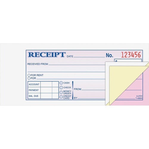 Adams  Receipt Book,Carbonless,3-Prt,2-3/4"x7-3/16",50Sets/BK,Multi