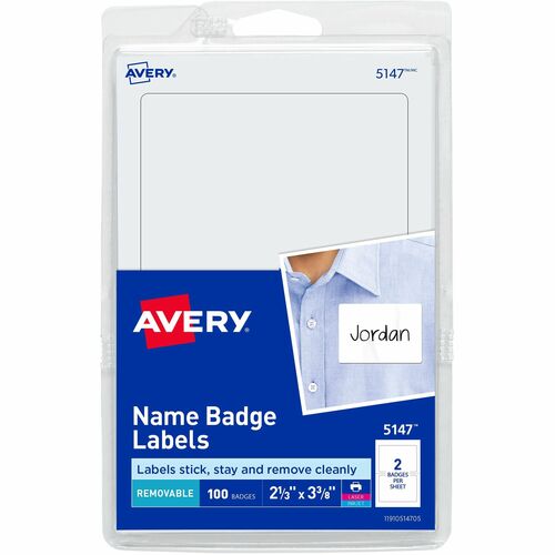 Avery  Plain Name Badge, 2-11/32"x3-3/8", 100/PK, White