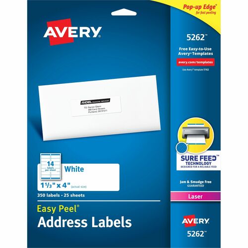 Avery  Laser Labels, Mailing, 1-1/3"x4", 350/PK, White
