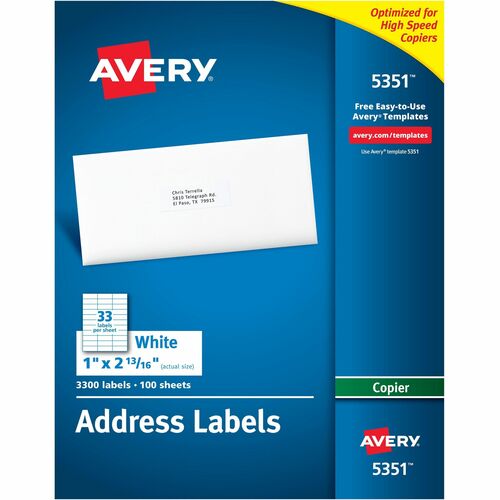 Avery  Copier Label, Mailing, 1"x2-13/16", 3300/BX, White