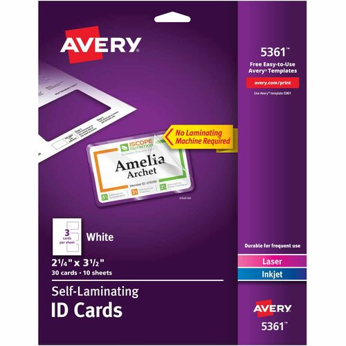 Avery  Laminated Laser/Inkjet ID Cards, 2-1/4"x3-1/2", 30/BX, White