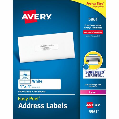 Avery  Laser Labels, Mailing, 1"x4", 5000/BX, White