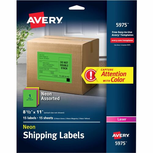 Avery  Neon Laser Labels, Rectangle, 8-1/2"x11", 15/PK, Assorted