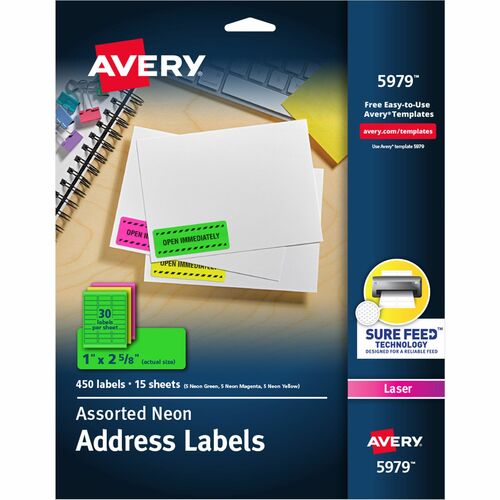 Avery  Address Labels, Laser, 1"x2-5/8", 450/PK, Neon AST