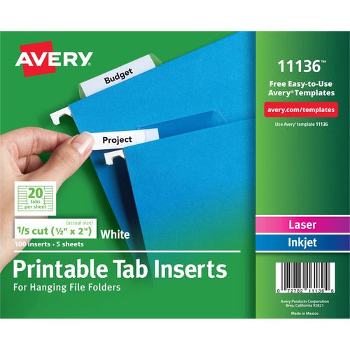 Avery  Tab Inserts, f/Hanging Folders, 1/5 cut, 2", 100/PK, WE