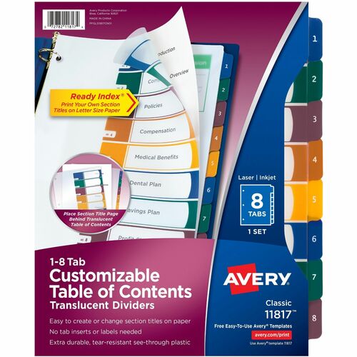 Avery  Dividers w/Table of Contents, 8-Tab, 1-8, Tran/Multi