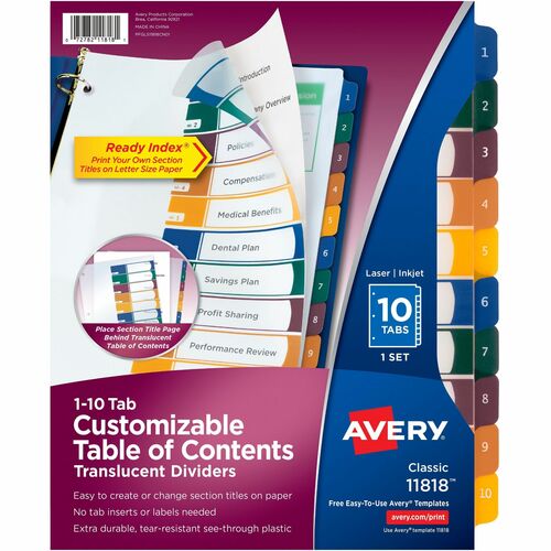 Avery  Dividers w/Table of Contents, 10-Tab, 1-10, Tran/Multi