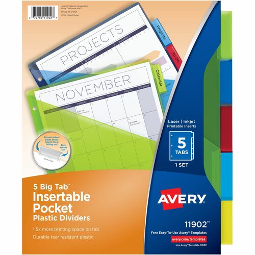 Avery  Pocket Insertable Dividers, Plastic, 5-Tab, Multi-Color