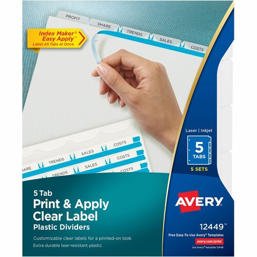 Avery  Index Label Dividers, Plastic, 5-Tab, 3HP Punched, Clear