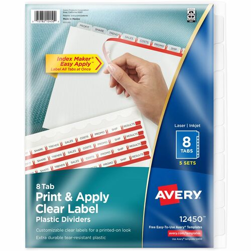 Avery  Index Label Dividers, Plastic, 8-Tab, 3HP Punched, Clear
