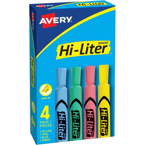 Avery  Desk Style Highlighter, Chisel Pt, 4-Color Set, 4/BX, AST