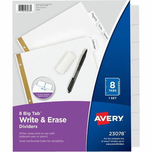 Avery  Write-On Dividers,w/Erasable Tabs,8-Tab,11"x8-1/2",White
