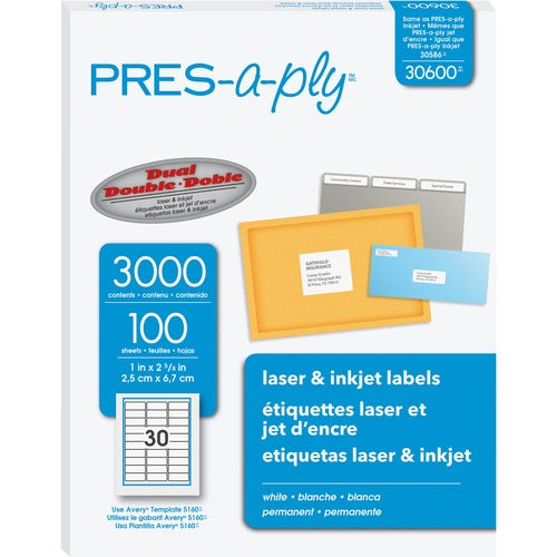 Avery  Laser Labels, Address, 1"x2-5/8", 3000/BX, White
