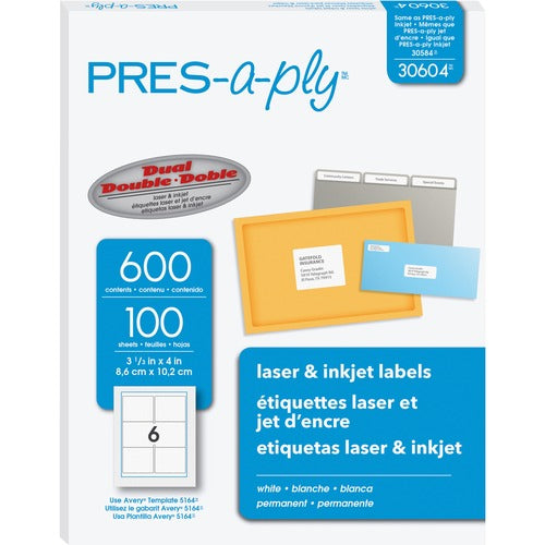 Avery  Laser Labels, Shipping, 3-1/3"x4", 600/BX, White