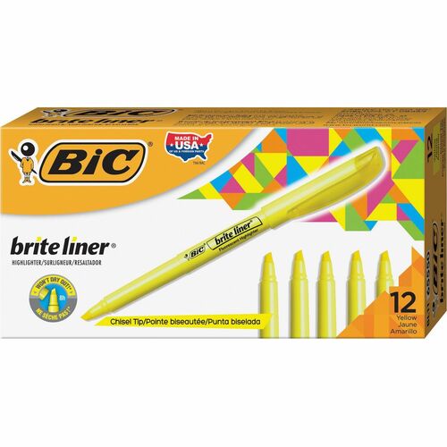 Bic  Highlighter, w/Clip, Chisel Point, Nontoxic, Yellow
