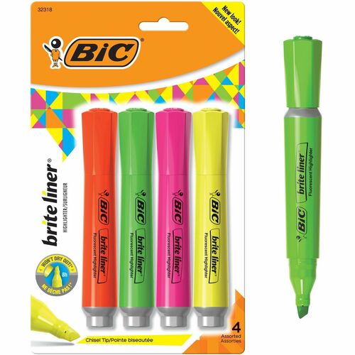 Bic  Highlighter, Tank Style, Chisel Tip, 4/ST, AST