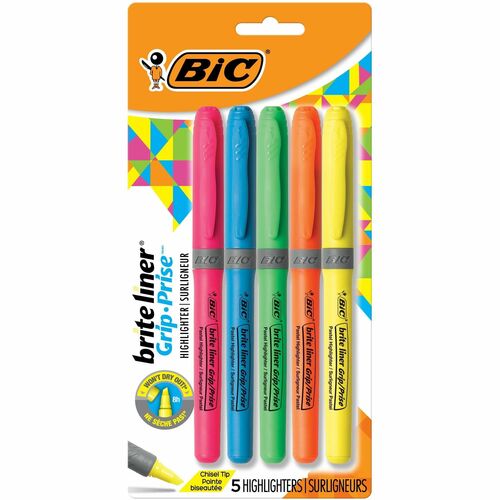 Bic  Brite Liner Grip Highlighter, Chisel Tip, 5/ST, Assorted