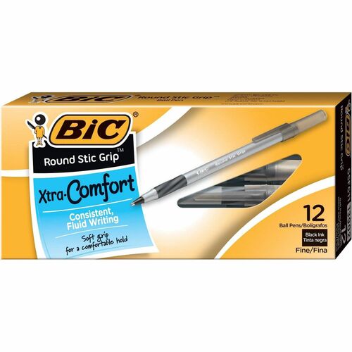 Bic  Round Stic Pens, Comfort Grip, Fine Point, GY Barrel/BK Ink