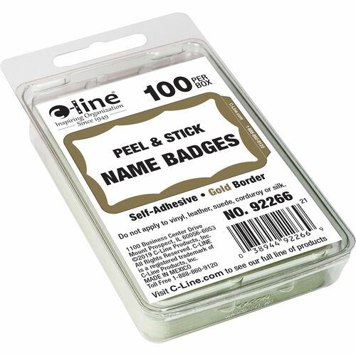 C-Line  Name Badges, 3-1/2"x2-1/4", 100/BX, Gold Border