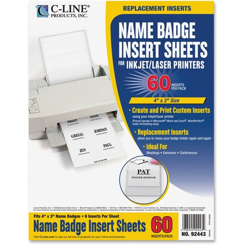 C-Line  Name Badge Inserts, 3"x4", 6 /Sheet, 60/PK, WE