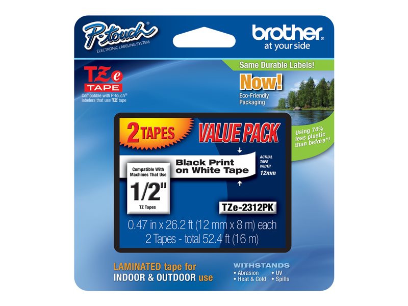 BROTHER 1/2" M TAPES 2PK 12MM BLACK ON WHITE