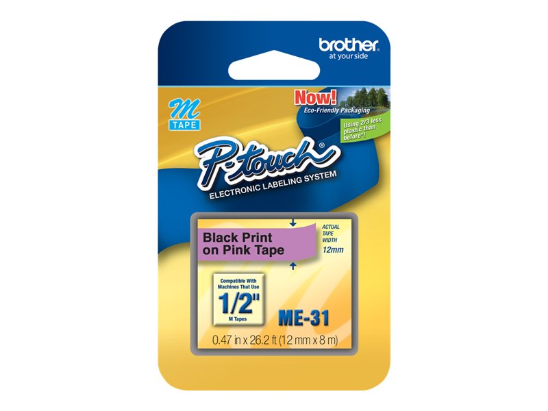 BROTHER 1/2" M TAPE 12MM BLACK ON PINK