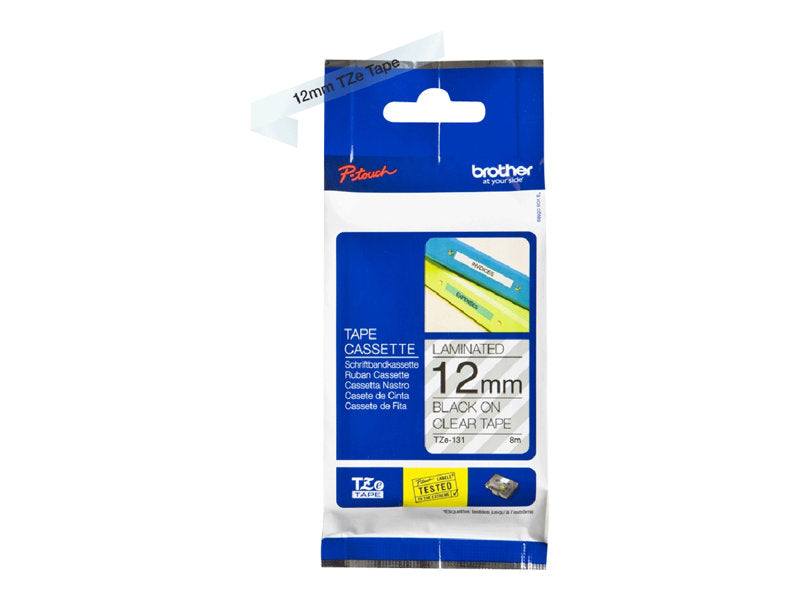 BROTHER 1/2" TZE TAPE 12MM BLACK ON CLEAR