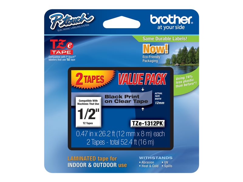 BROTHER 1/2" TZE TAPES 2PK 12MM BLACK ON CLEAR