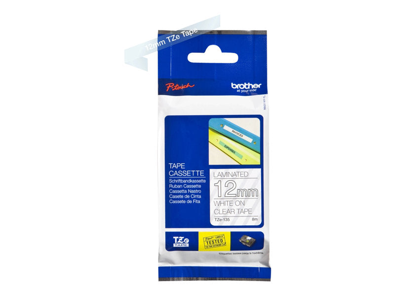 BROTHER 1/2" TZE TAPE 12MM WHITE ON CLEAR