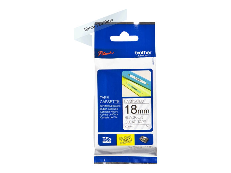 BROTHER 3/4" TZE TAPE 18MM BLACK ON CLEAR