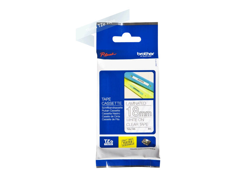 BROTHER 3/4" TZE TAPE 18MM WHITE ON CLEAR