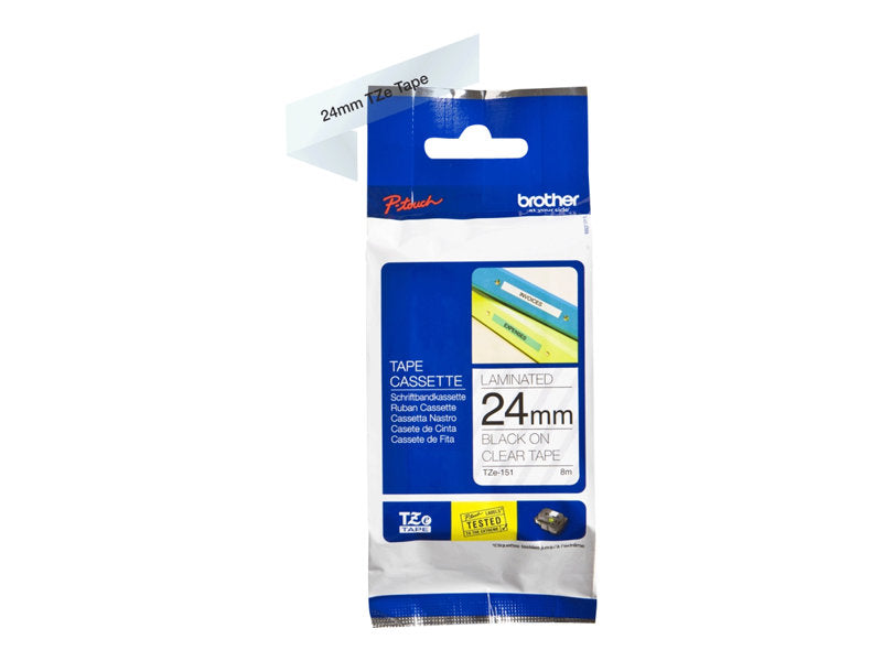 BROTHER 1" TZE TAPE 24MM BLACK ON CLEAR