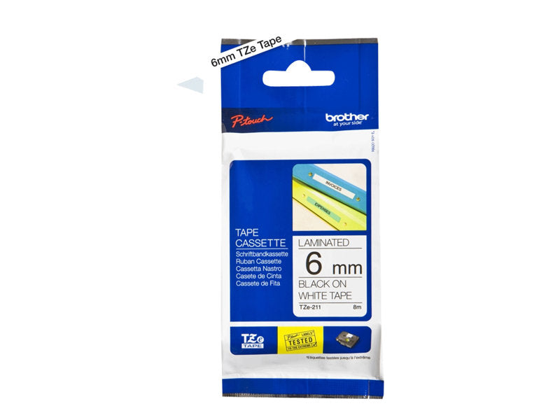 BROTHER 1/4" TZE TAPE 6MM BLACK ON WHITE