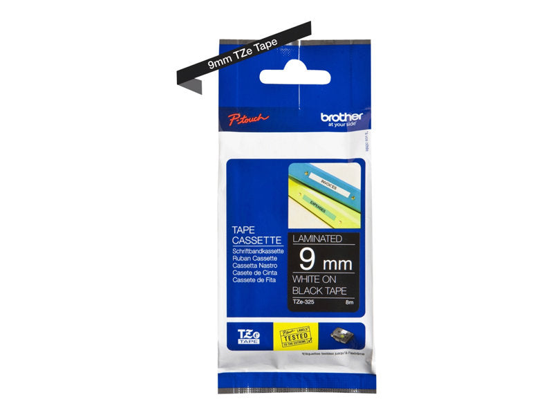 BROTHER 3/8" TZE TAPE 9MM WHITE ON BLACK