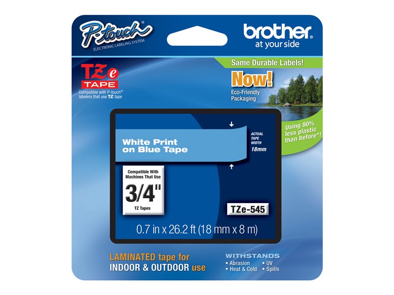 BROTHER 3/4" TZE TAPE 18MM WHITE ON BLUE