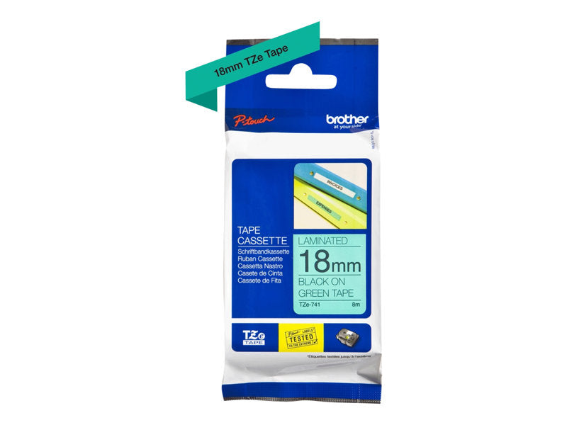 BROTHER 3/4" TZE TAPE 18MM BLACK ON GREEN